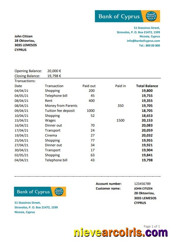 Cyprus Bank of Cyprus bank statement easy to fill in .xls and .pdf file format